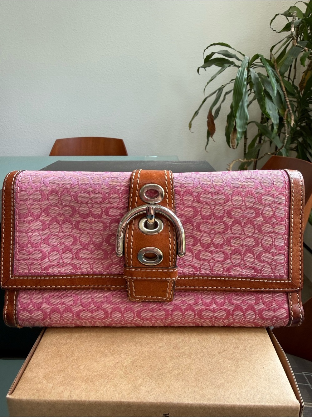 Coach Pink Signature Canvas Clutch with Brown Leather Trim